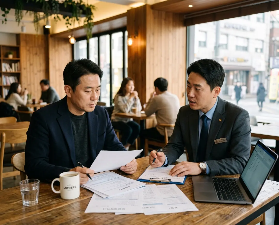 보험 관계자와 진지하게 서류를 검토하는 40대 남성