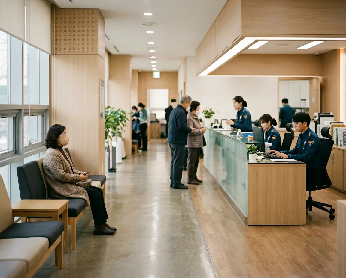 차분하고 정돈된 분위기의 현대적인 경찰서 내부 대기 공간