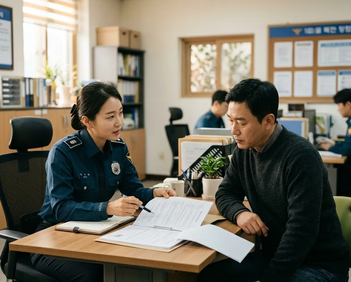 조사실에서 서류를 보며 대화하는 두 사람