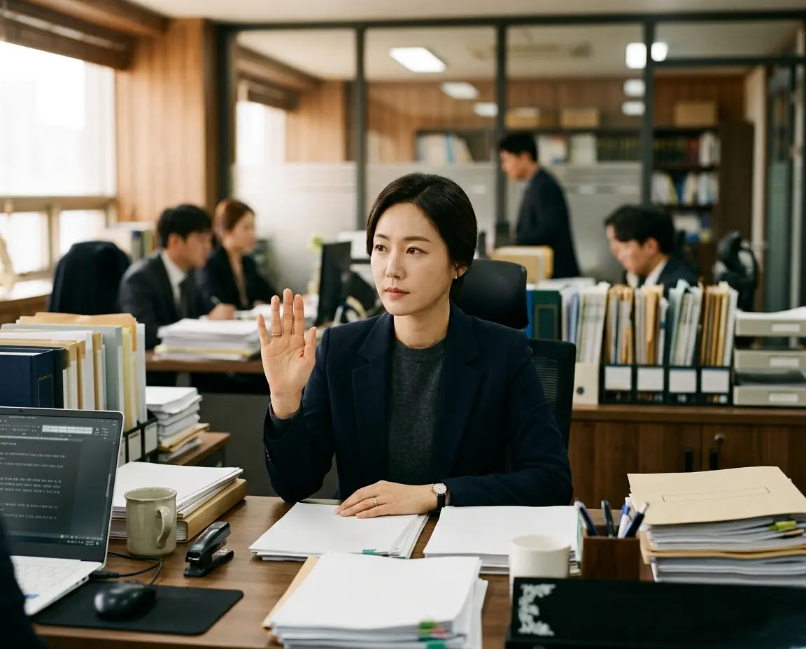 서류 앞에서 정중하게 거절의 의사를 표시하는 사람